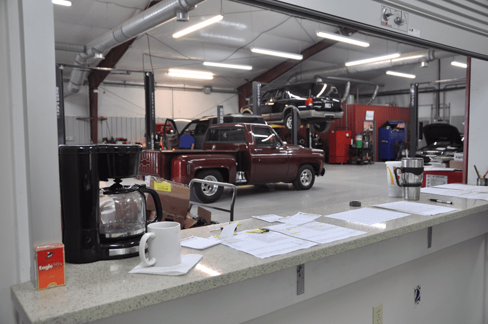 The view from the office at Tex's Transmissions Complete Auto & Truck Care in Lawrenceburg.